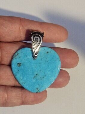 Southwestern Jay King DTR Large Turquoise Heart Pendant Sterling Silver Bail